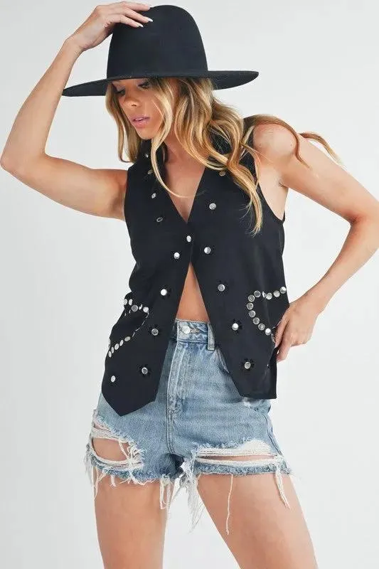 Heart Rivet Black Suede Vest | Stylish Detail