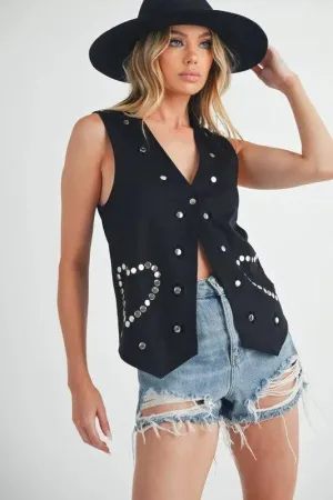 Heart Rivet Black Suede Vest | Stylish Detail