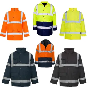 HI VIZ VIS JACKET HIGH VISIBILITY REFLECTIVE WATERPROOF WORKWEAR PADDED HOODED