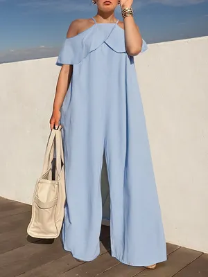 High Waisted Loose Solid Color Zipper Cold Shoulder Jumpsuits
