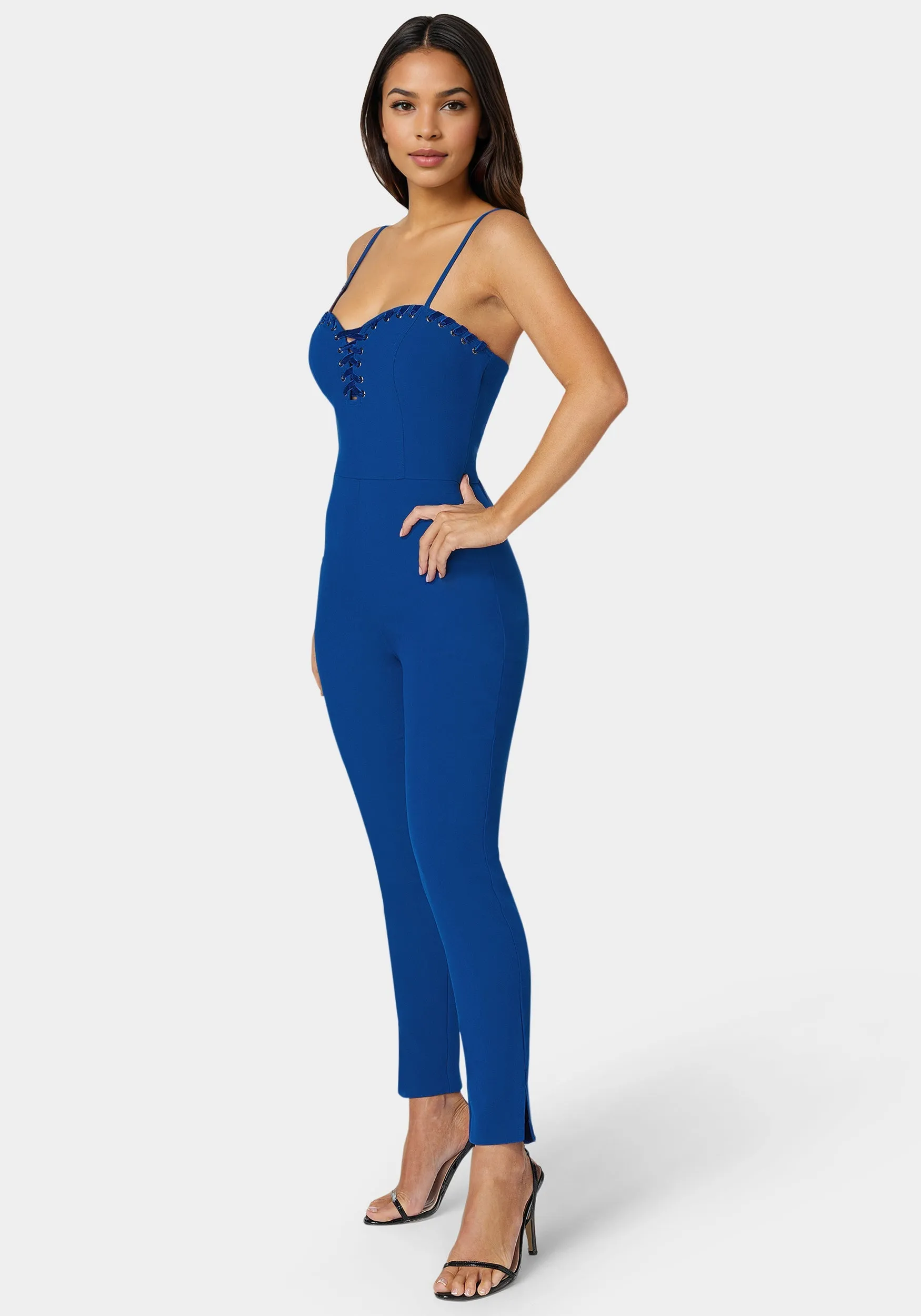 Lace Up Neckline Slim Leg Jumpsuit