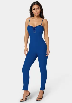 Lace Up Neckline Slim Leg Jumpsuit
