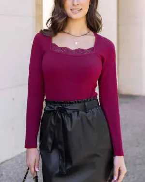 Laced Ribbed Top - Berry Color
