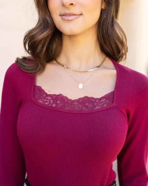 Laced Ribbed Top - Berry Color