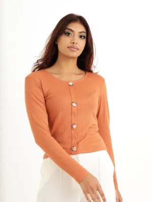Ladies Long Sleeve Rib Fitted Button Top - Rust