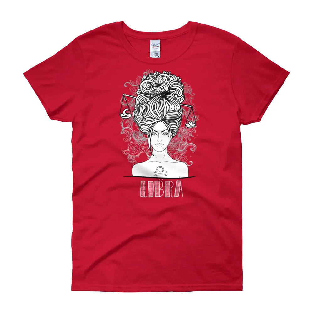 Libra T Shirt Zodiac Short Sleeve Round Neck Red Cotton T-Shirt for Women