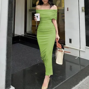 Lime Off-Shoulder Solid Midi Dress