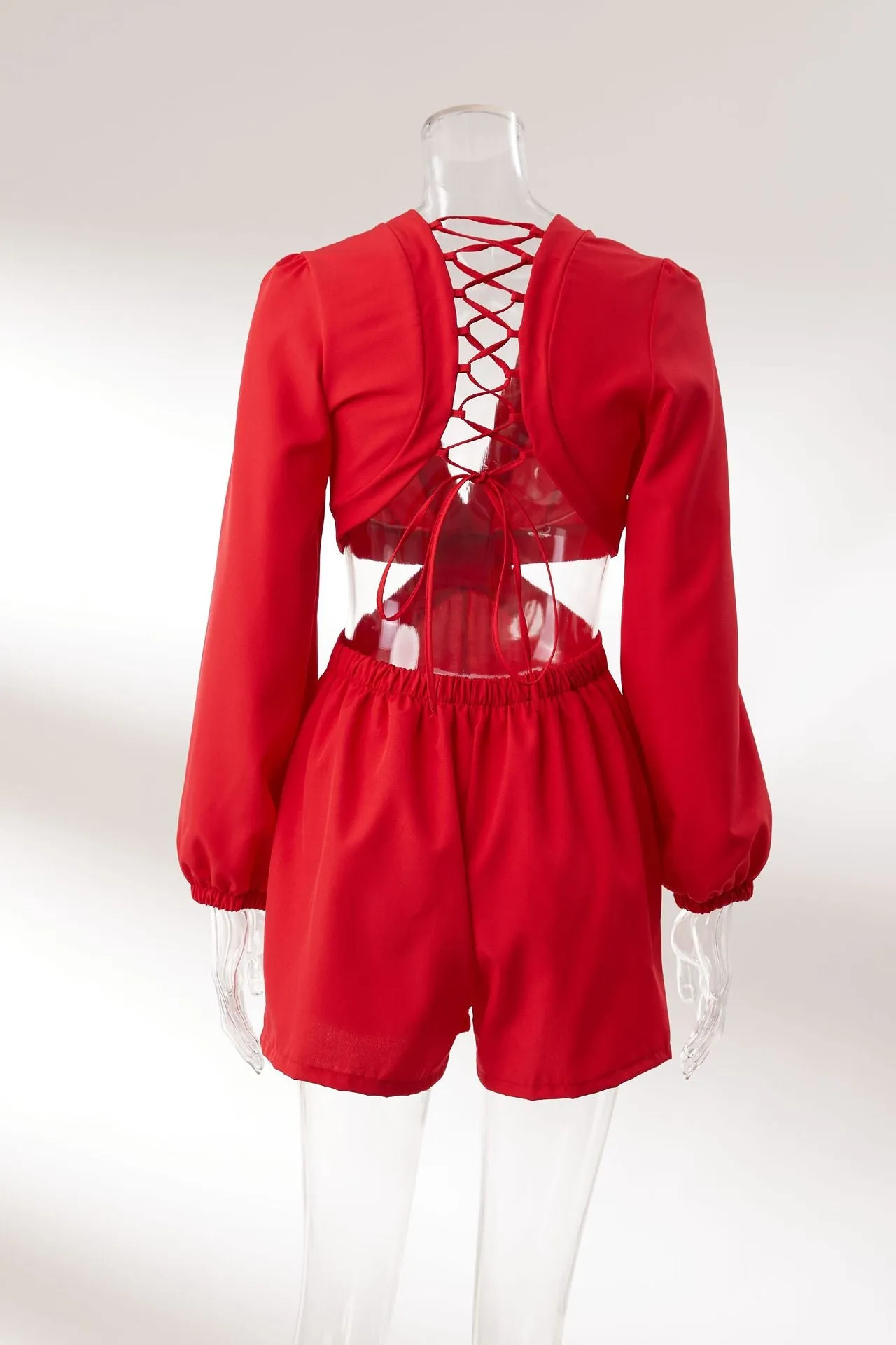 Long Sleeve V Neck Lace Up Cutout Shorts Suit