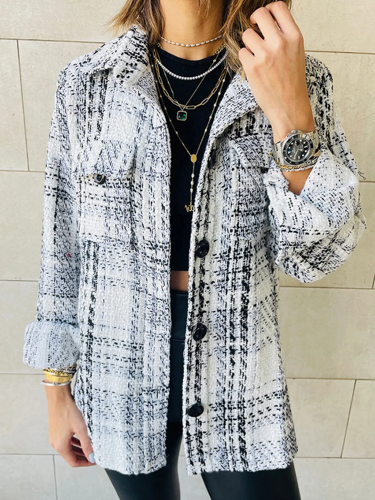 Loose Plaid Button Long-Sleeved Jacket With Pocket