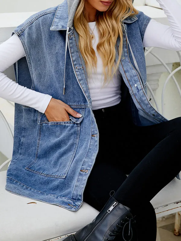 Loose Sleeveless Buttoned Detachable Hooded Pockets Split-Joint Lapel Collar Vest Outerwear
