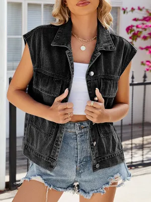Loose Sleeveless Buttoned Pockets Lapel Vest Outerwear