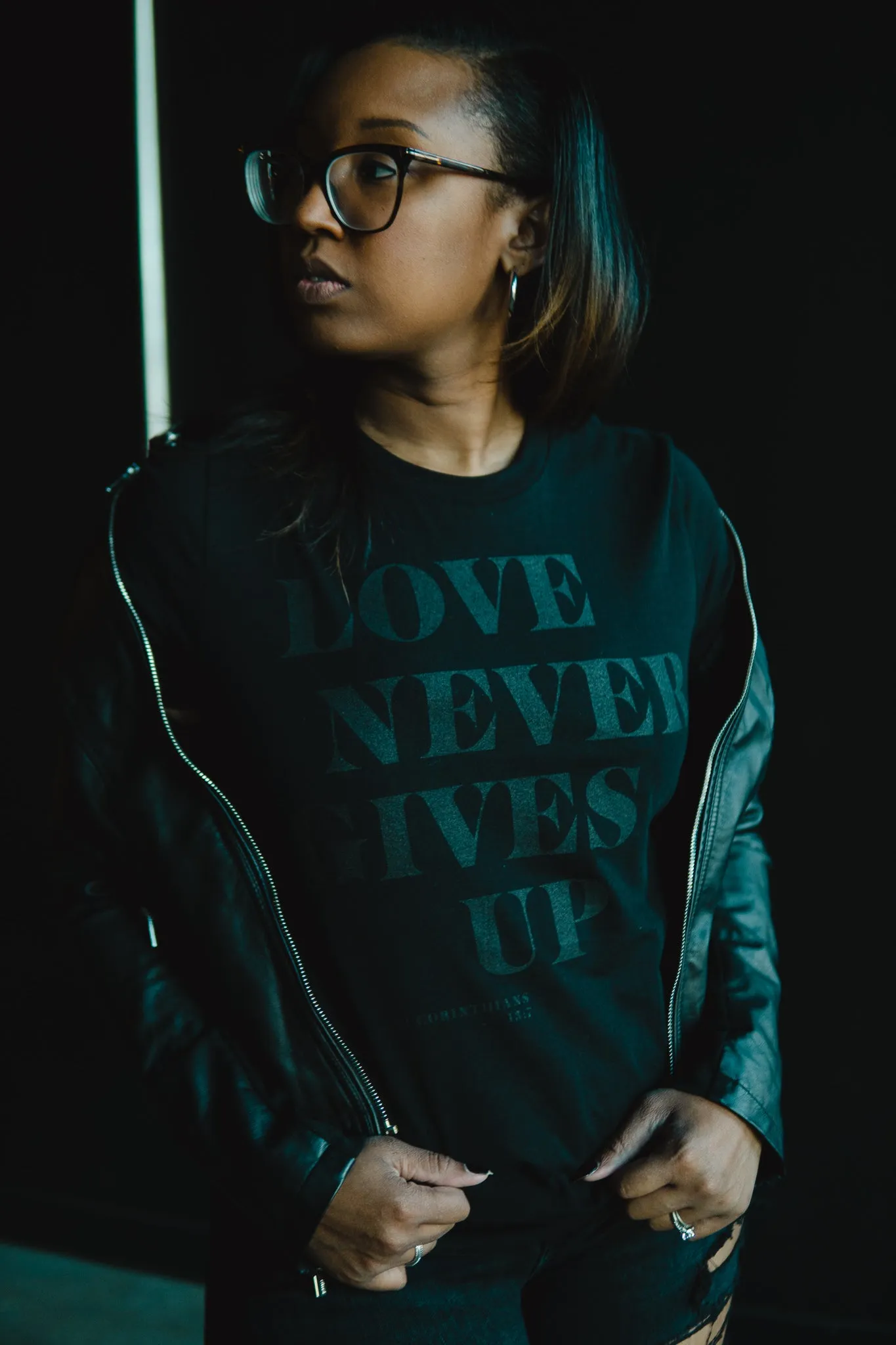 Love Never Gives Up (BLKonBLK) Adult Box T-Shirt