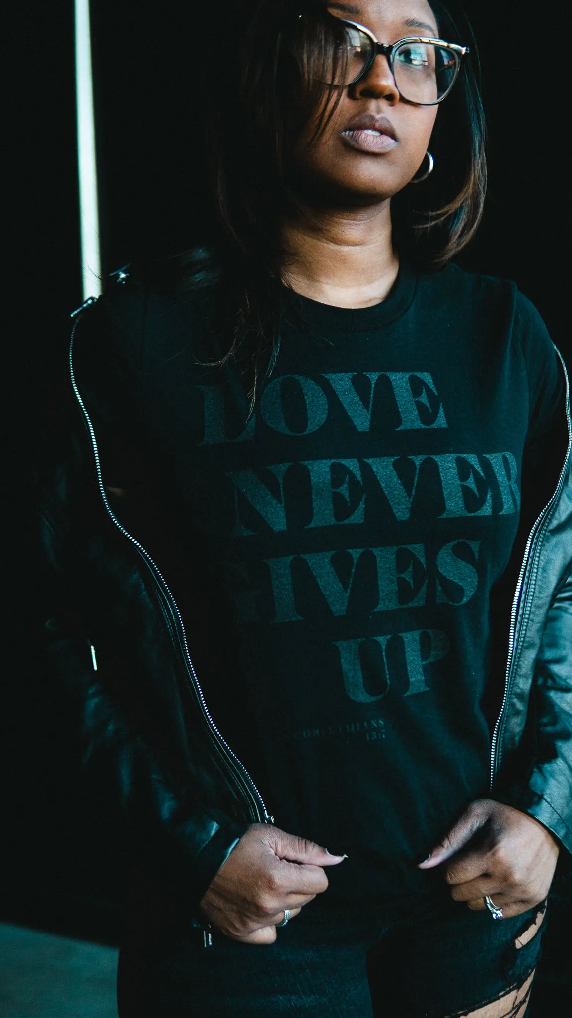 Love Never Gives Up (BLKonBLK) Adult Box T-Shirt