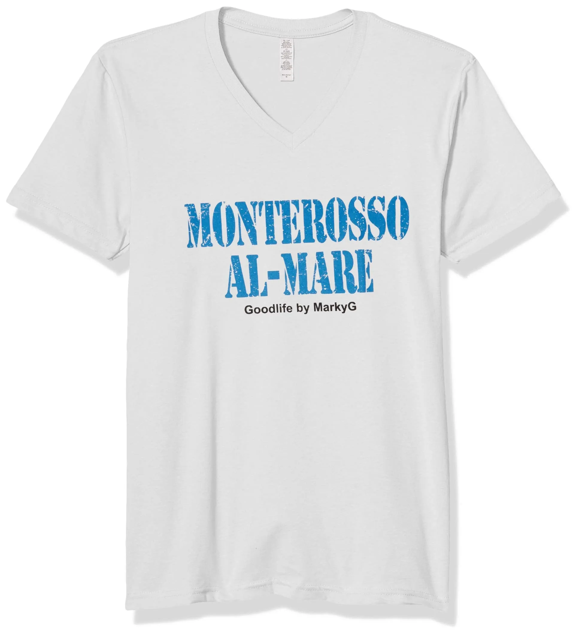 Marky G Apparel Men's Monterosso Al Mare Graphic Printed Premium Tops Fitted Sueded Short Sleeve V-Neck T-Shirt