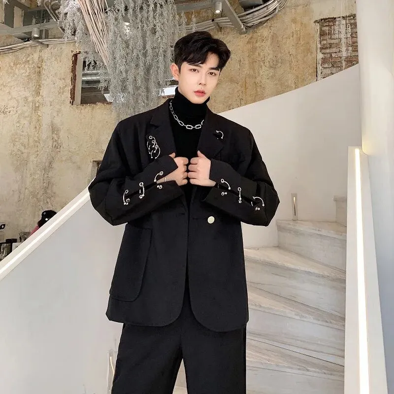 Men Streetwear Hip Hop Iron Ring Casual Blazer Jacket Male Vintage Fashion Suit Coat Spring Autumn Overcoat