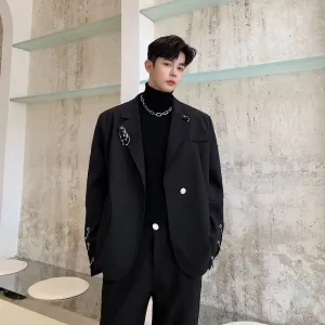 Men Streetwear Hip Hop Iron Ring Casual Blazer Jacket Male Vintage Fashion Suit Coat Spring Autumn Overcoat