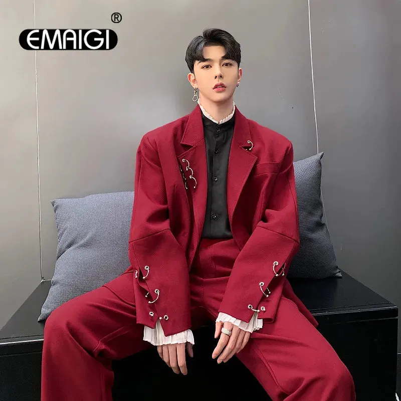 Men Streetwear Hip Hop Iron Ring Casual Blazer Jacket Male Vintage Fashion Suit Coat Spring Autumn Overcoat