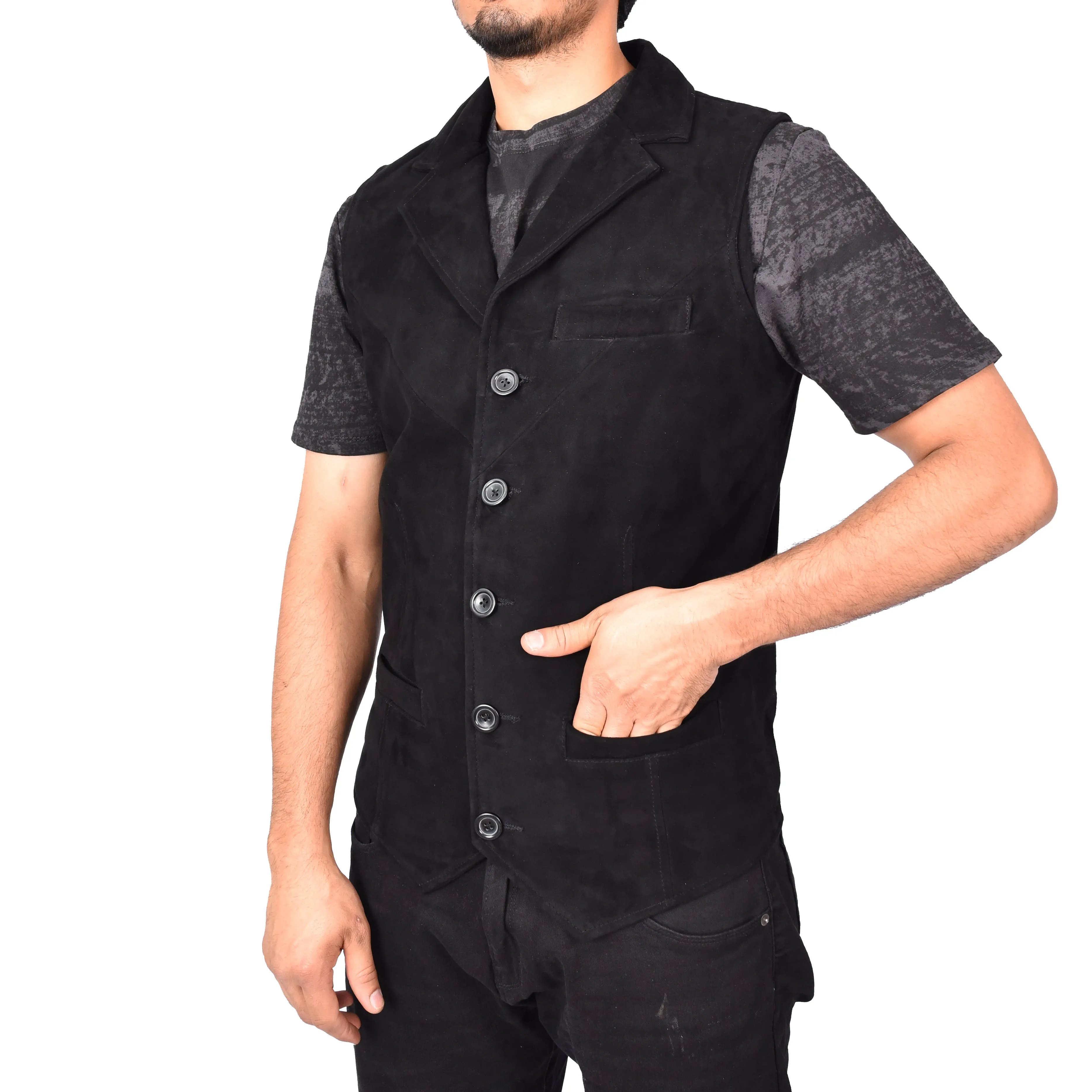 Men's Blazer Style Suede Leather Waistcoat Gents Vests Black Howie