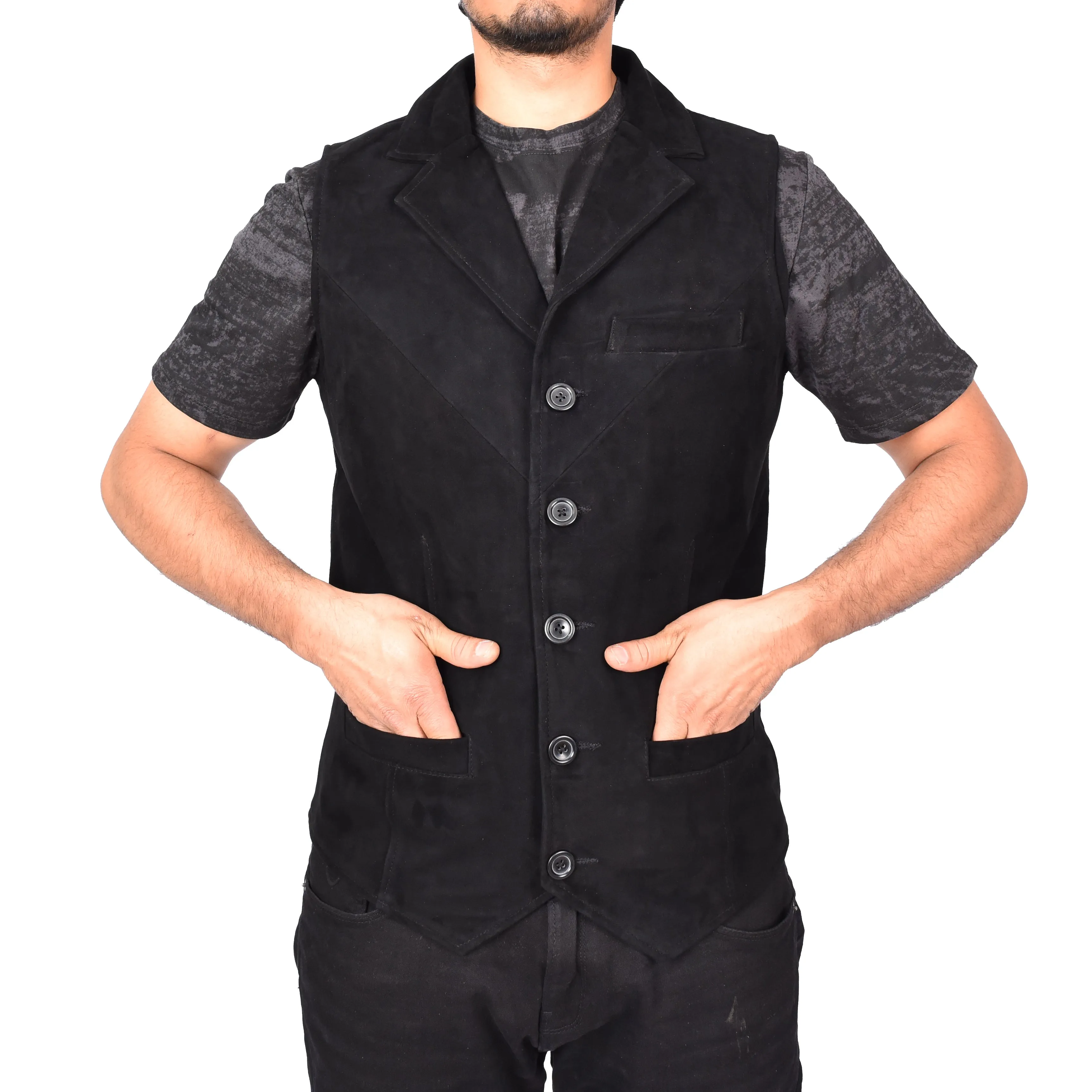 Men's Blazer Style Suede Leather Waistcoat Gents Vests Black Howie
