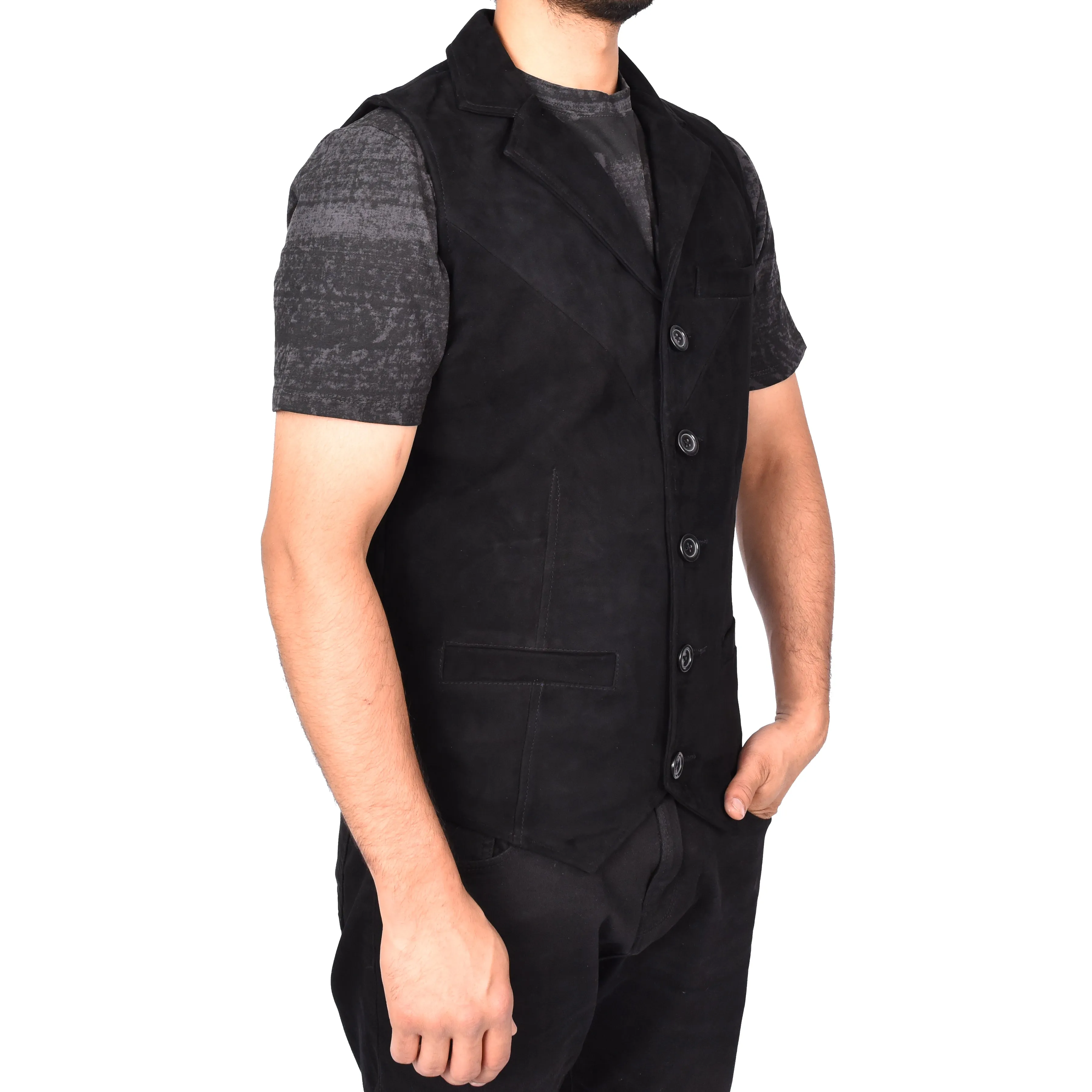 Men's Blazer Style Suede Leather Waistcoat Gents Vests Black Howie