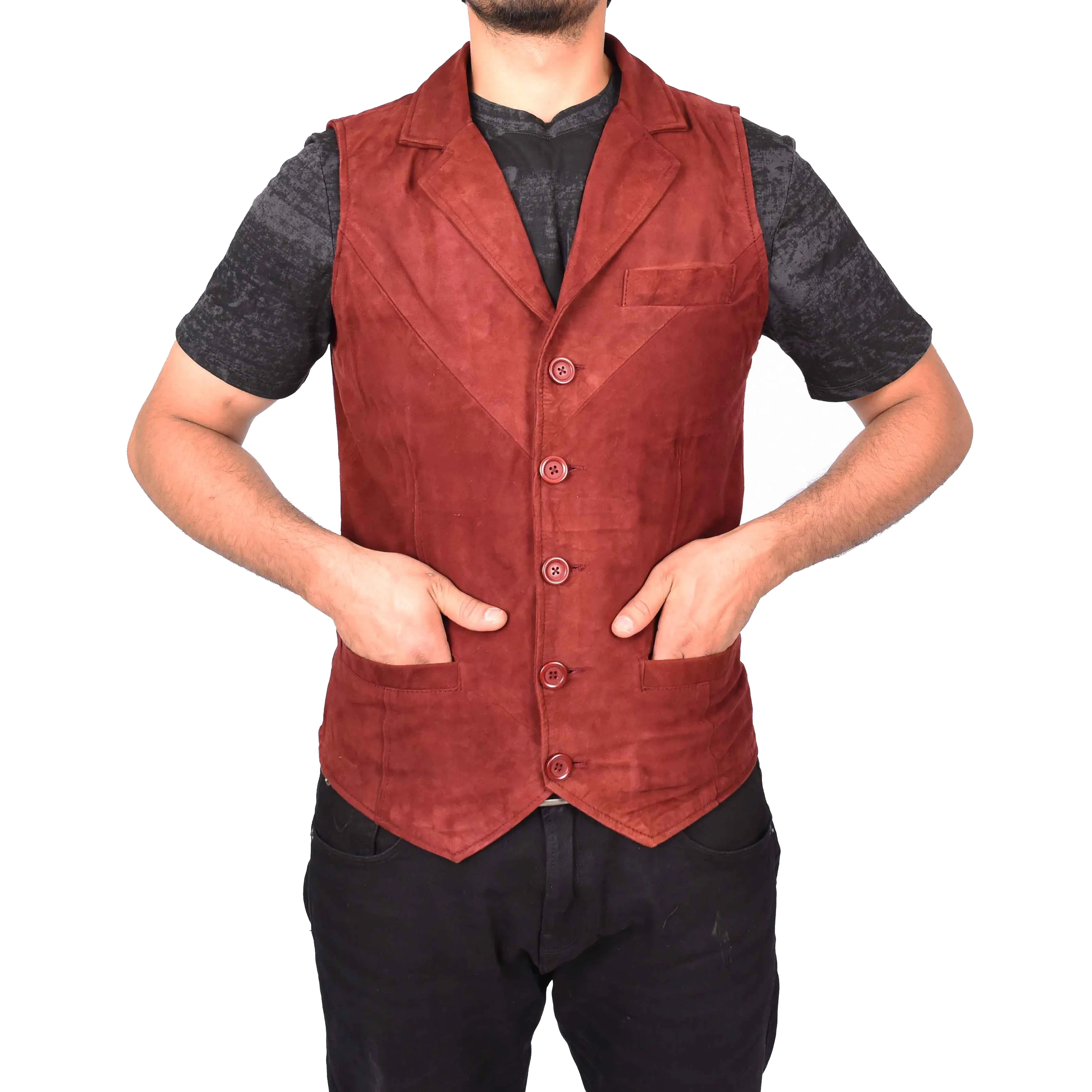 Men's Blazer Style Suede Leather Waistcoat Gents Vests Burgundy Howie