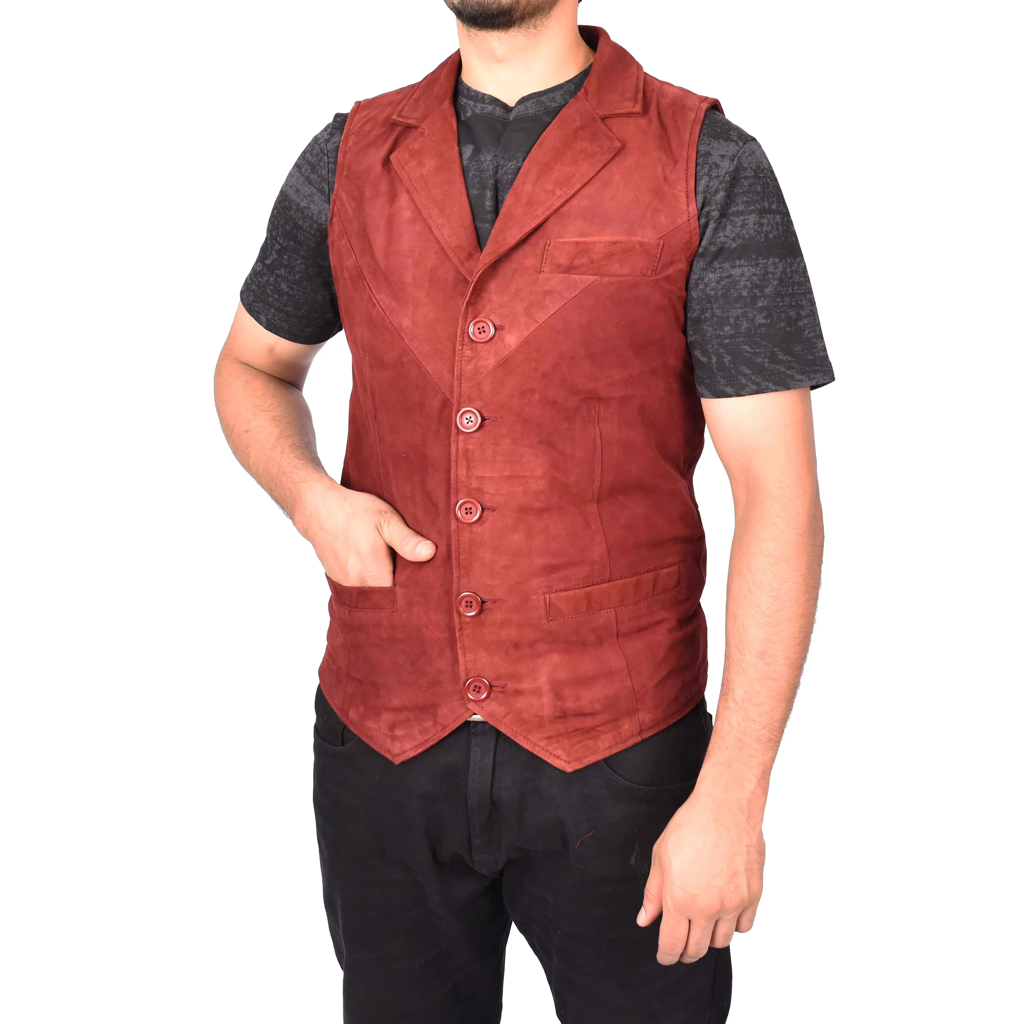 Men's Blazer Style Suede Leather Waistcoat Gents Vests Burgundy Howie