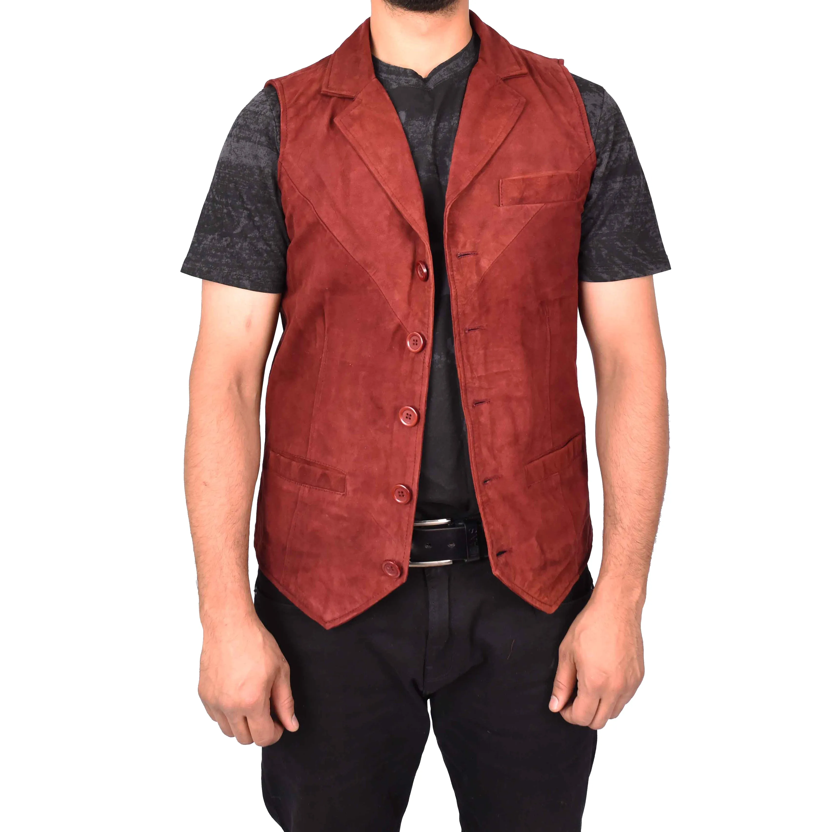 Men's Blazer Style Suede Leather Waistcoat Gents Vests Burgundy Howie