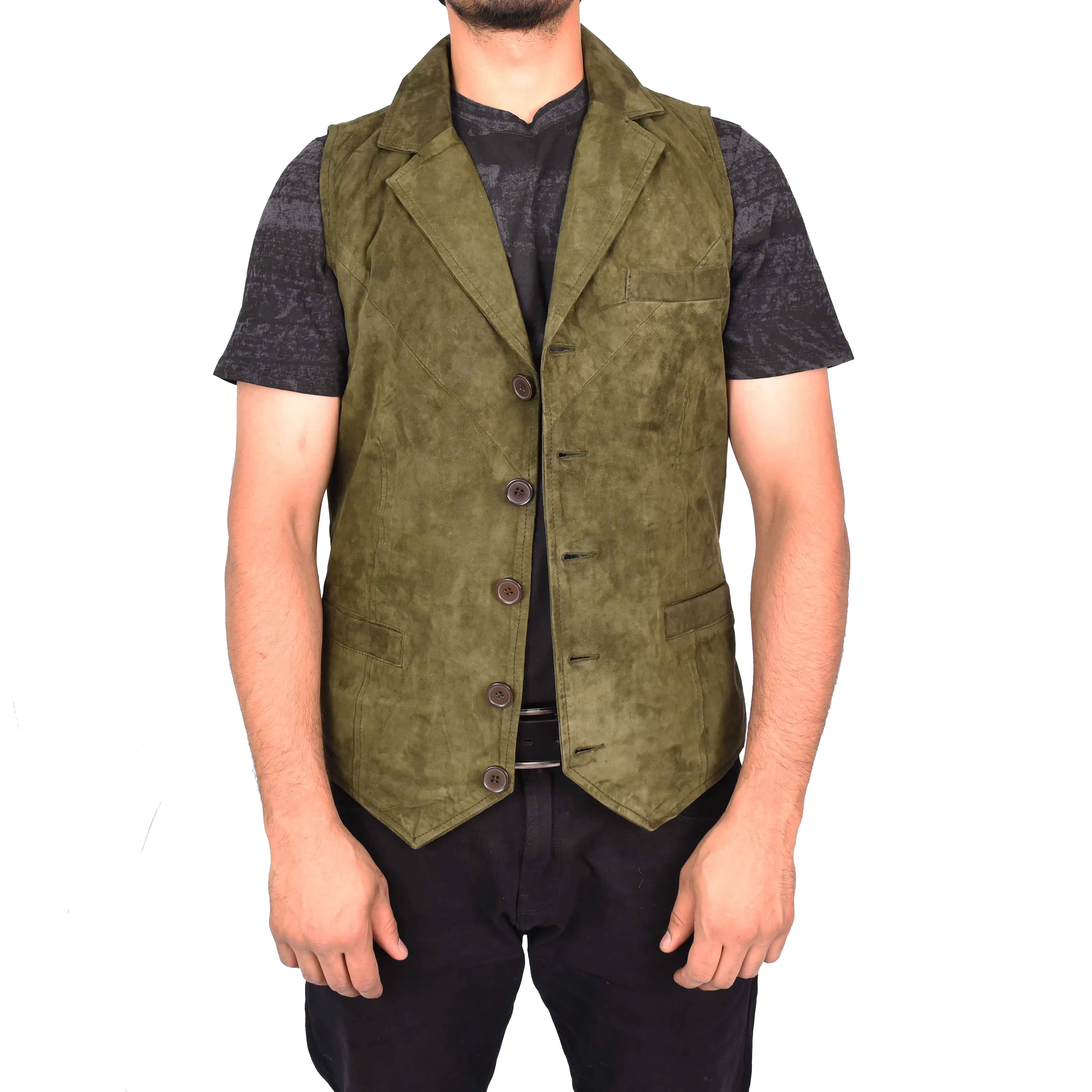 Men's Blazer Style Suede Leather Waistcoat Gents Vests Green Howie