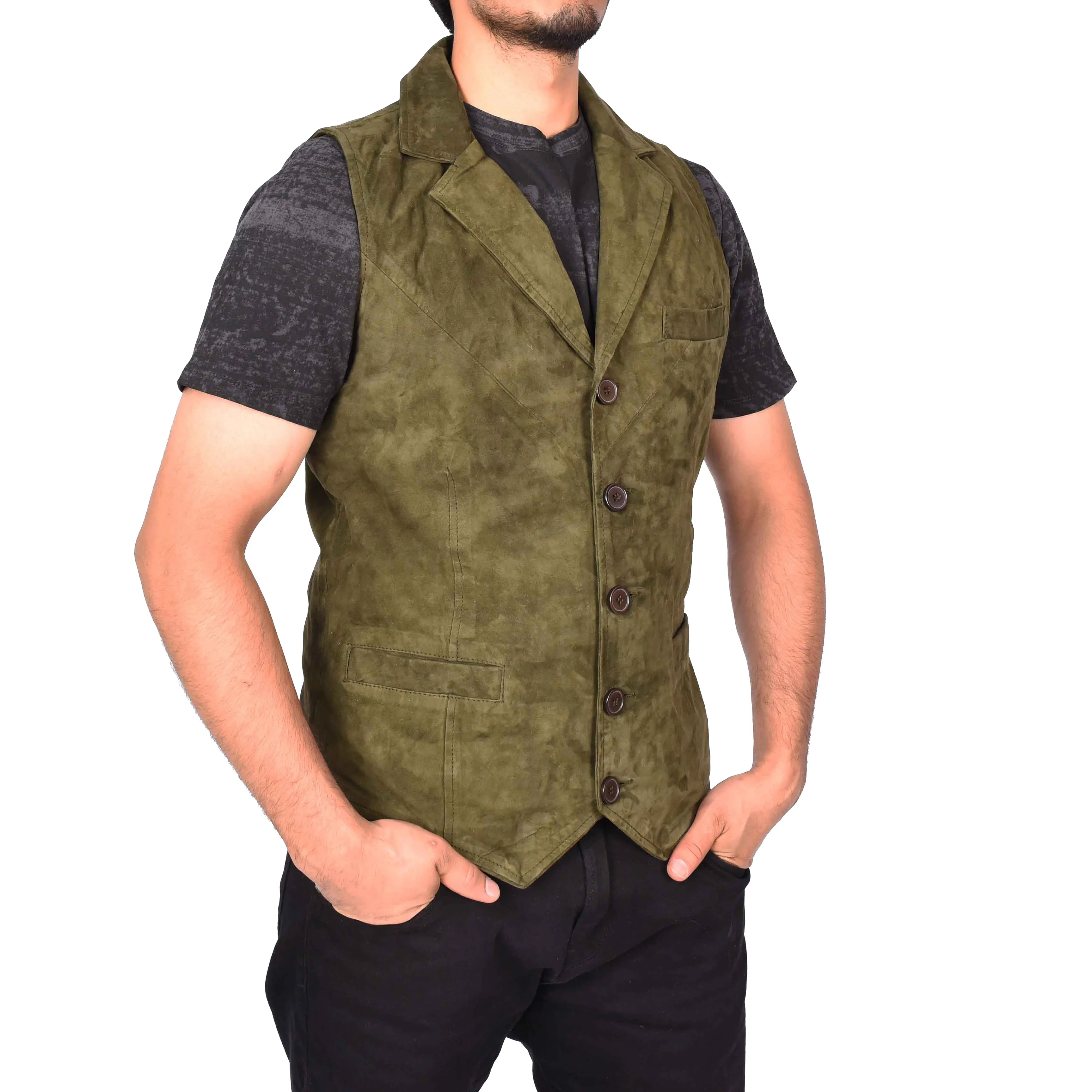 Men's Blazer Style Suede Leather Waistcoat Gents Vests Green Howie