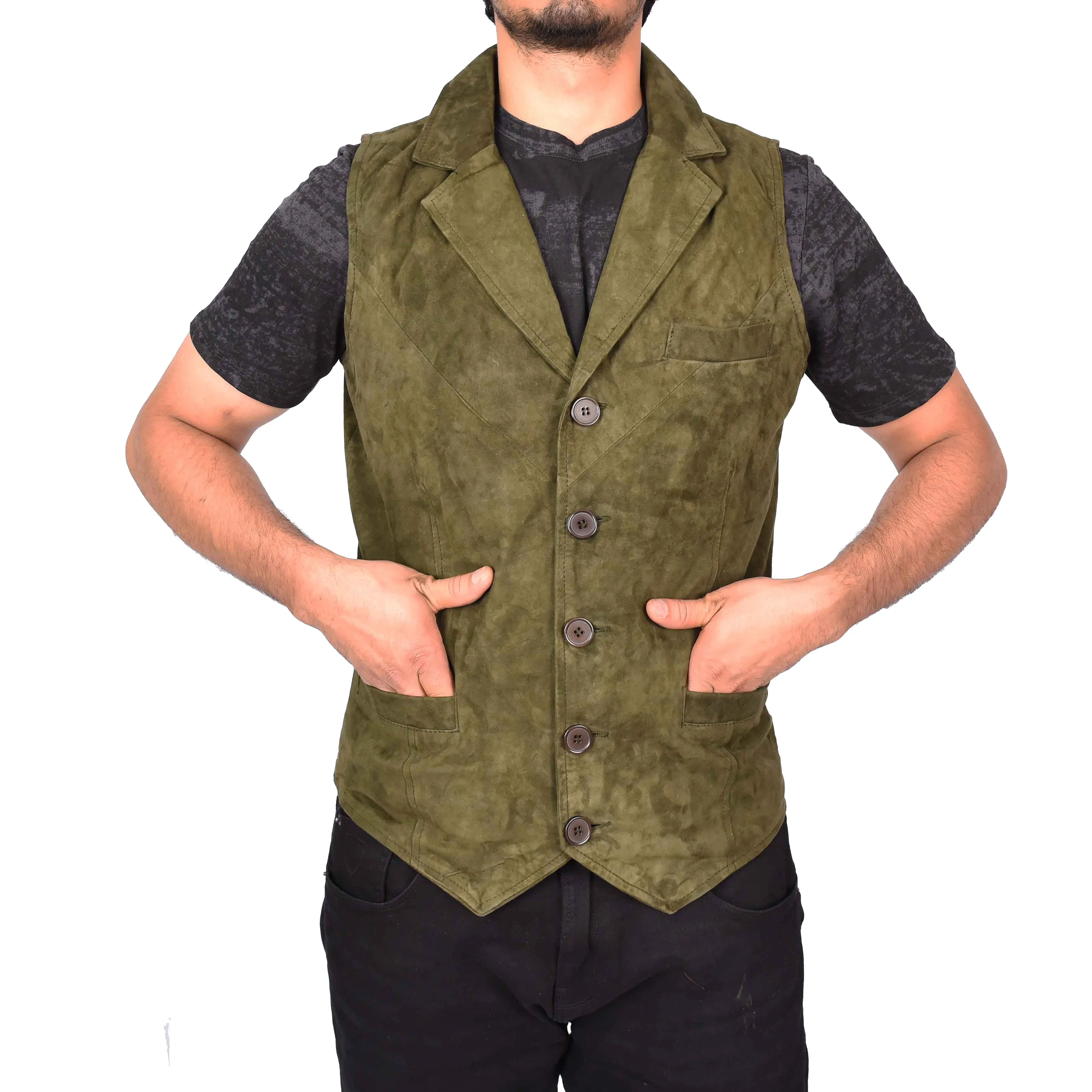 Men's Blazer Style Suede Leather Waistcoat Gents Vests Green Howie