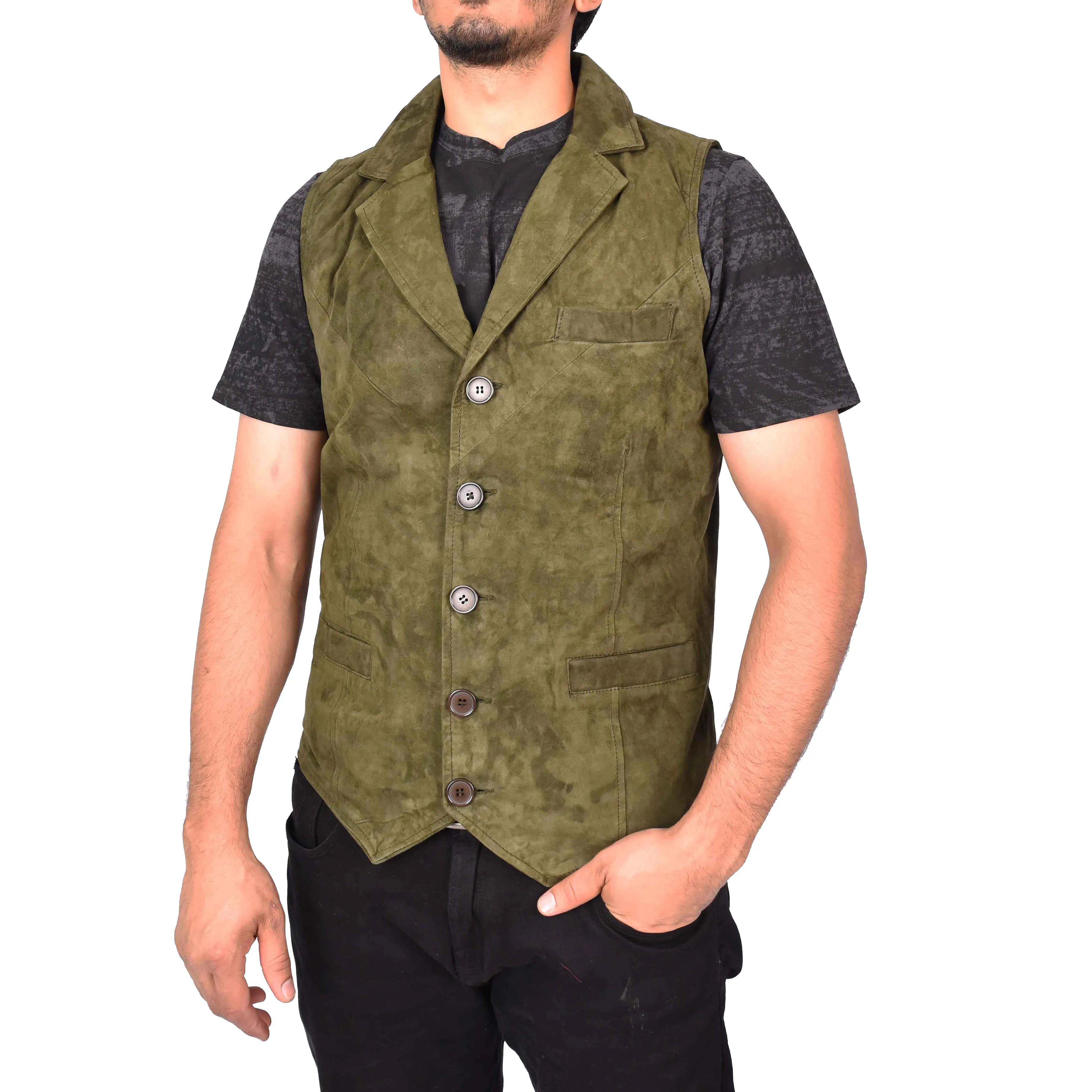 Men's Blazer Style Suede Leather Waistcoat Gents Vests Green Howie