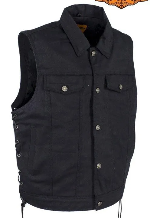 Men's Motorcycle Blk 8 Pocket denim shirt collar vest with side laces