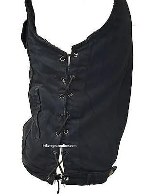 Men's Motorcycle Blk 8 Pocket denim shirt collar vest with side laces