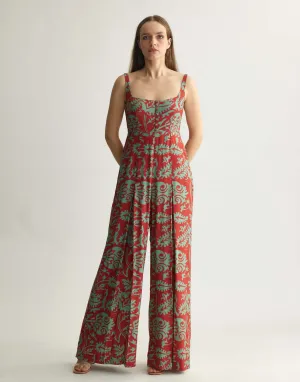 Mint and red floral sleeveless jumpsuit