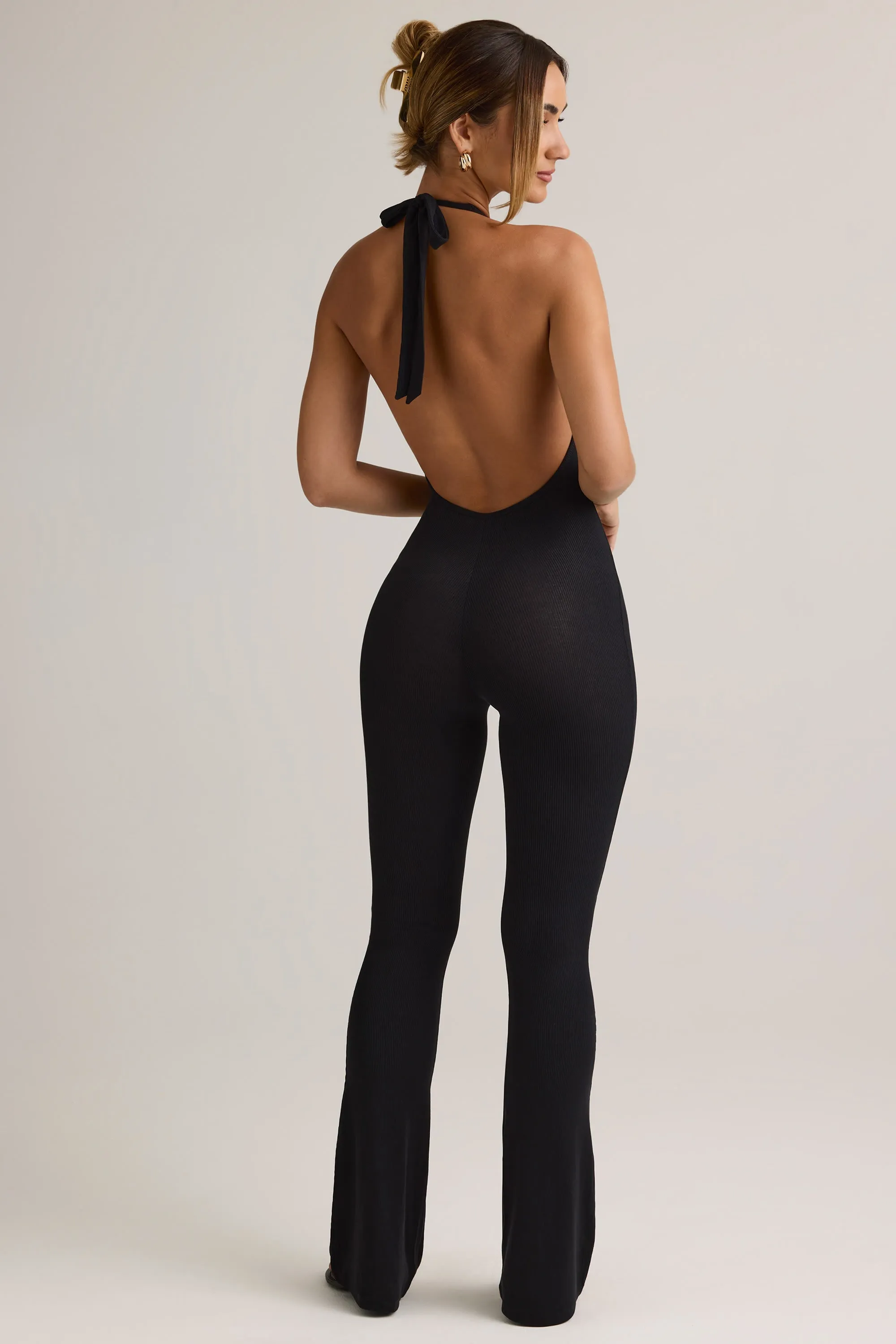 Modal Ribbed Backless Halterneck Jumpsuit in Black