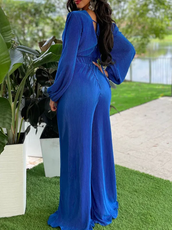 Momnfancy Blue Knot Tie Back Long Sleeve Boy Baby Shower Maternity Wide Leg Long Jumpsuit
