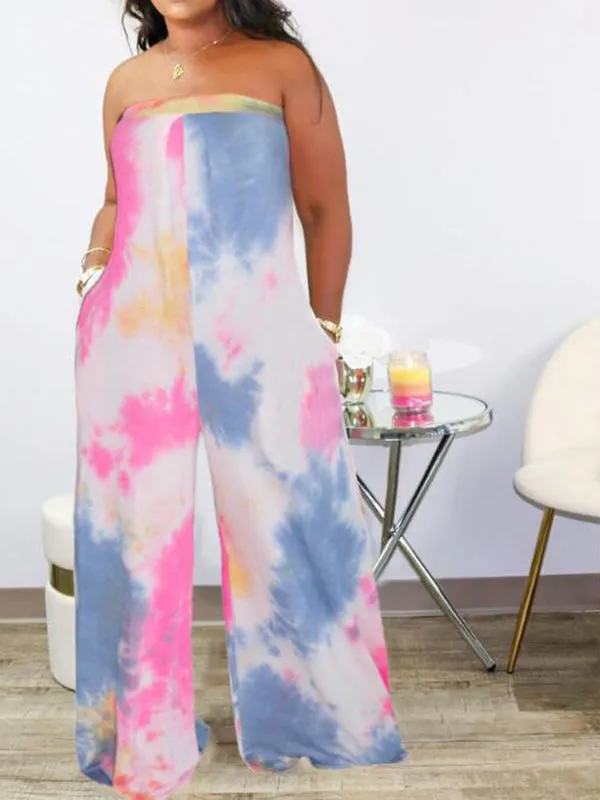 Momnfancy Pink-Blue Tie Dye Off Shouder Pockets Wide Leg Palazzo Gender Reveal Baby Shower Maternity Long Jumpsuit