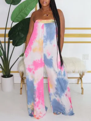 Momnfancy Pink-Blue Tie Dye Off Shouder Pockets Wide Leg Palazzo Gender Reveal Baby Shower Maternity Long Jumpsuit