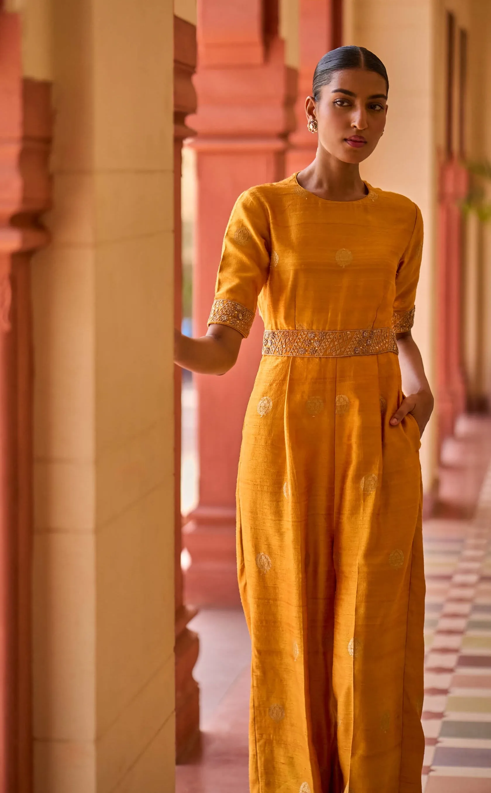 Mustard kasundi banarasi silk jumpsuit