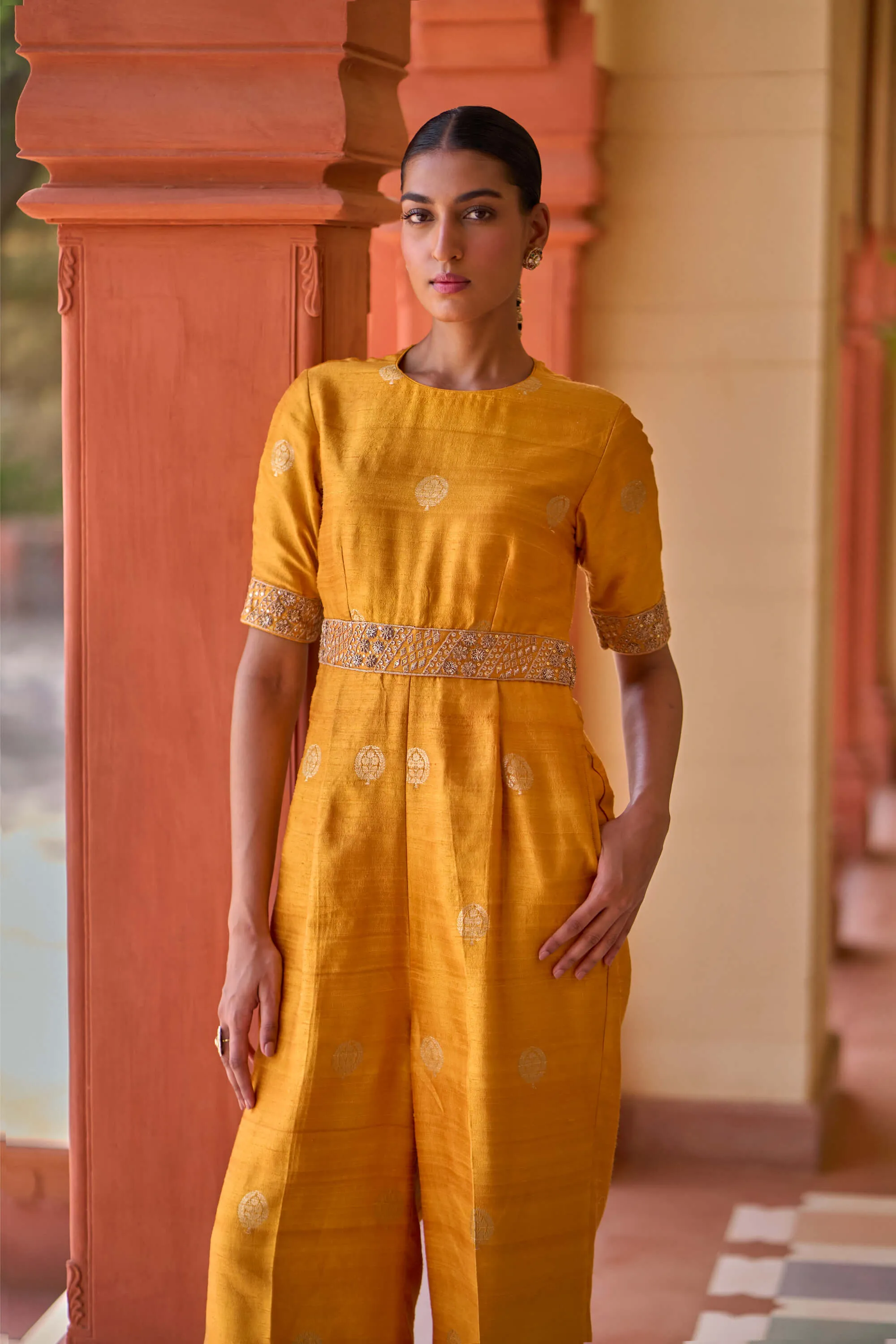 Mustard kasundi banarasi silk jumpsuit