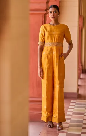 Mustard kasundi banarasi silk jumpsuit