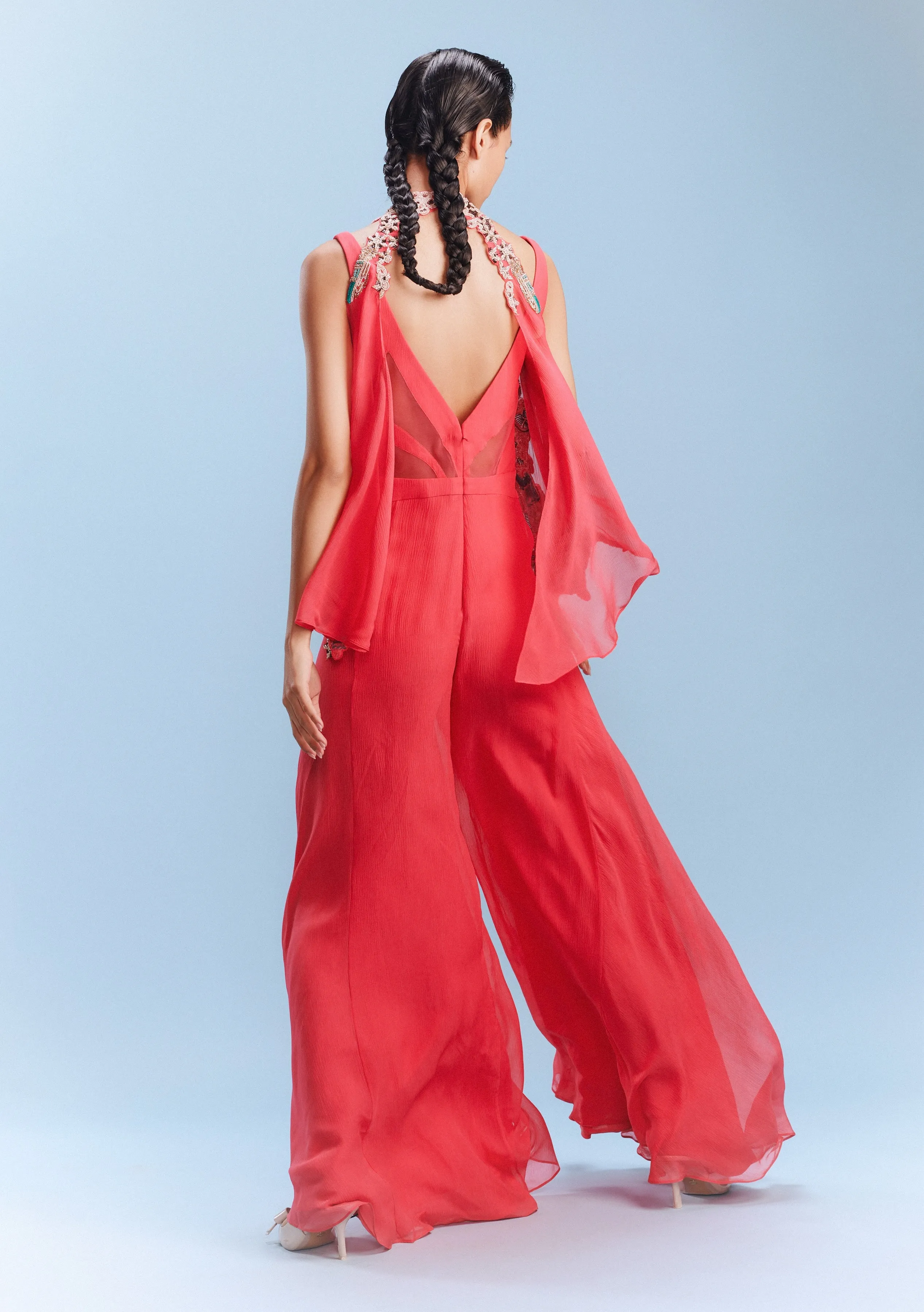 Nera coral chiffon jumpsuit and shrug