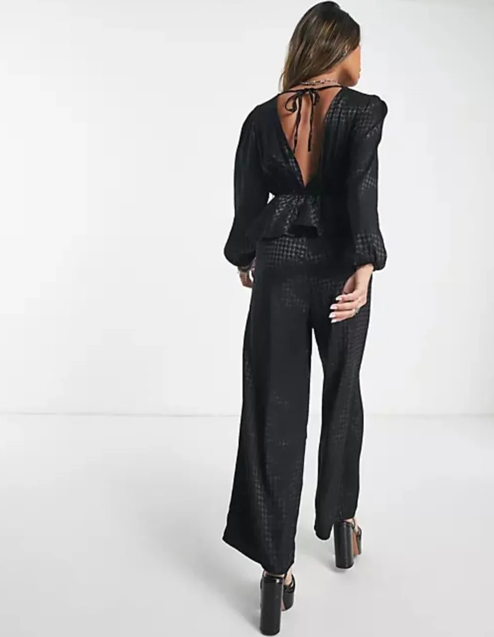 ONLY Womens Frill Detail Black Jacquard Houdstooth Jumpsuit Size Large (new)