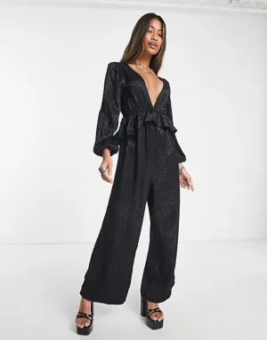 ONLY Womens Frill Detail Black Jacquard Houdstooth Jumpsuit Size Large (new)
