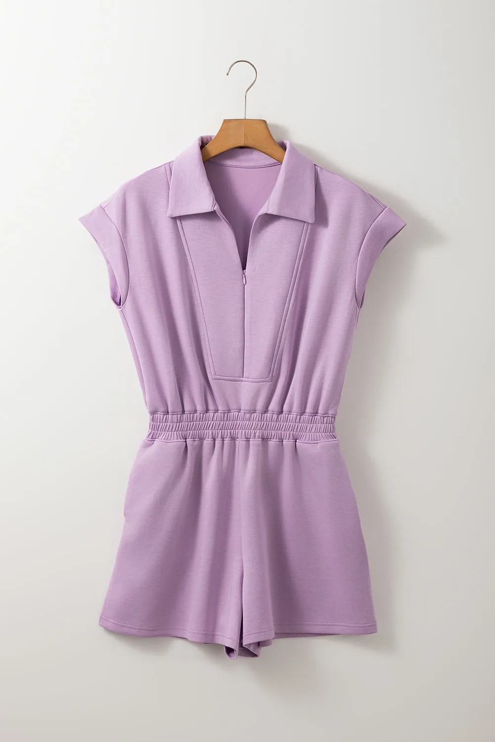 Orchid Bouquet Short Sleeve Zipper Collared Elastic High Waist Romper