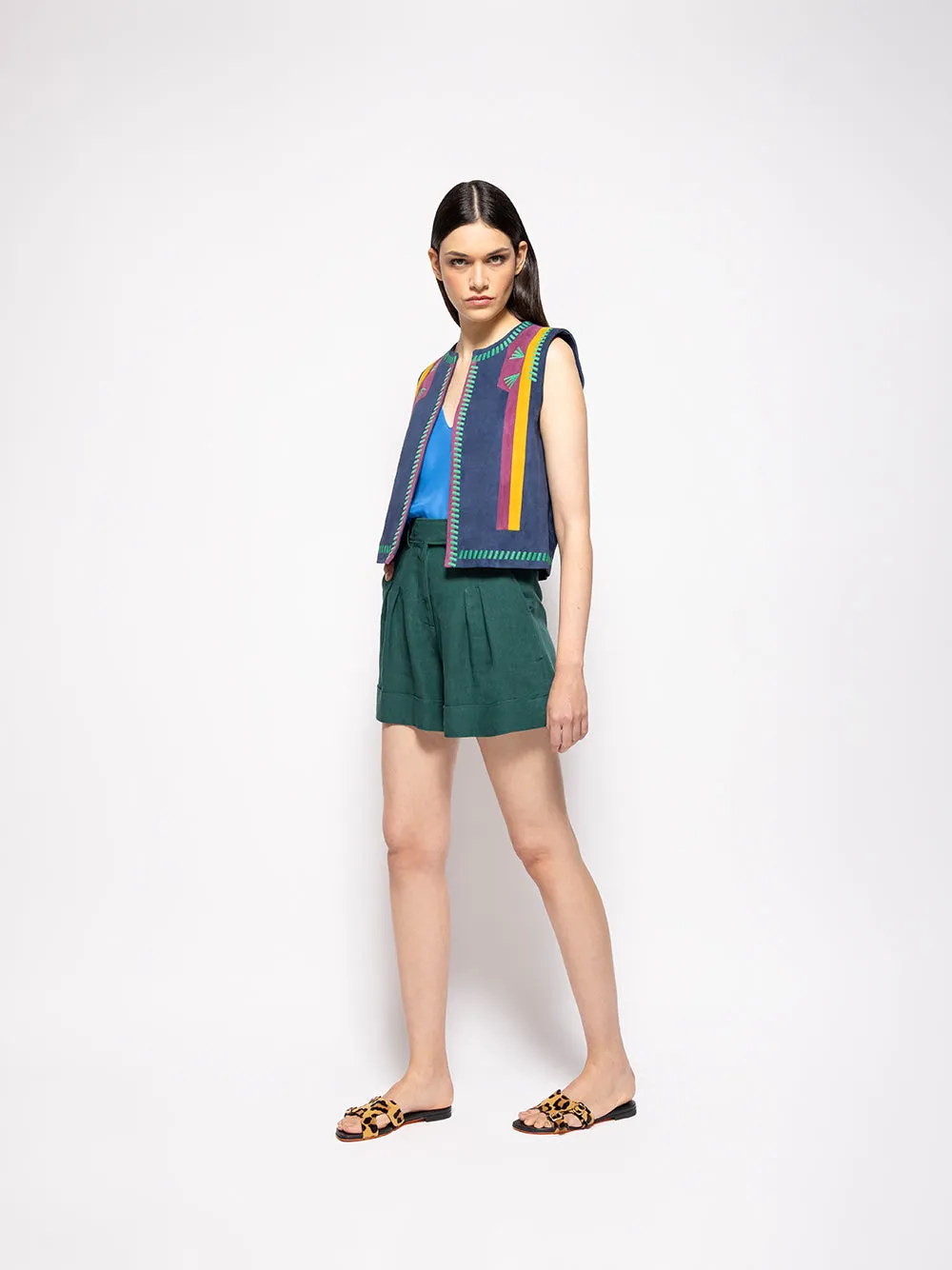 Pansy Estate Blue Embroidered Suede Vest
