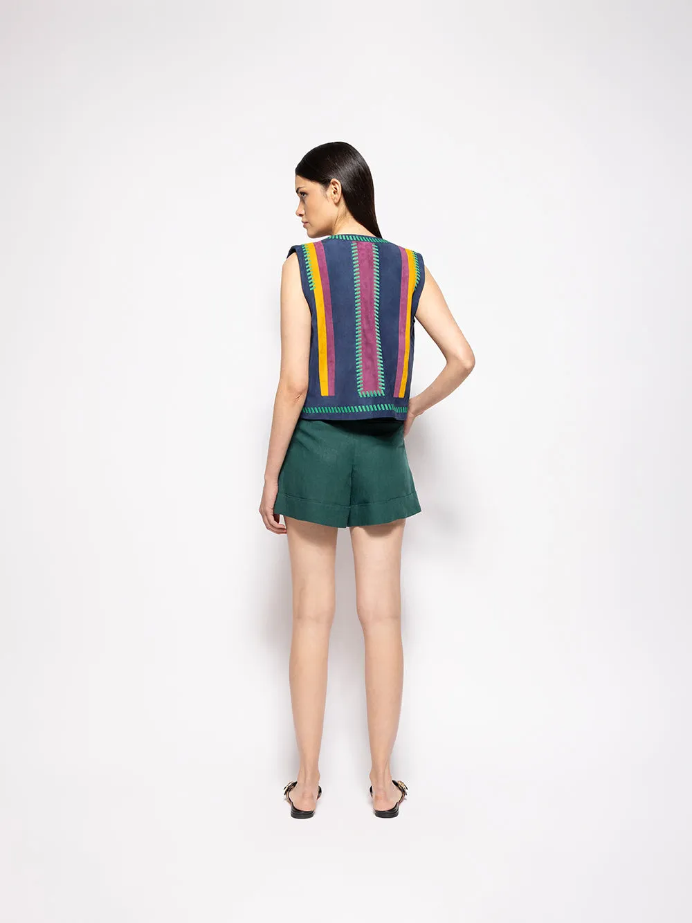 Pansy Estate Blue Embroidered Suede Vest