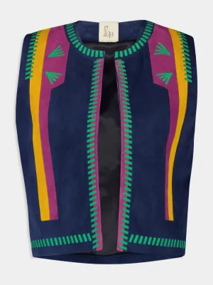 Pansy Estate Blue Embroidered Suede Vest