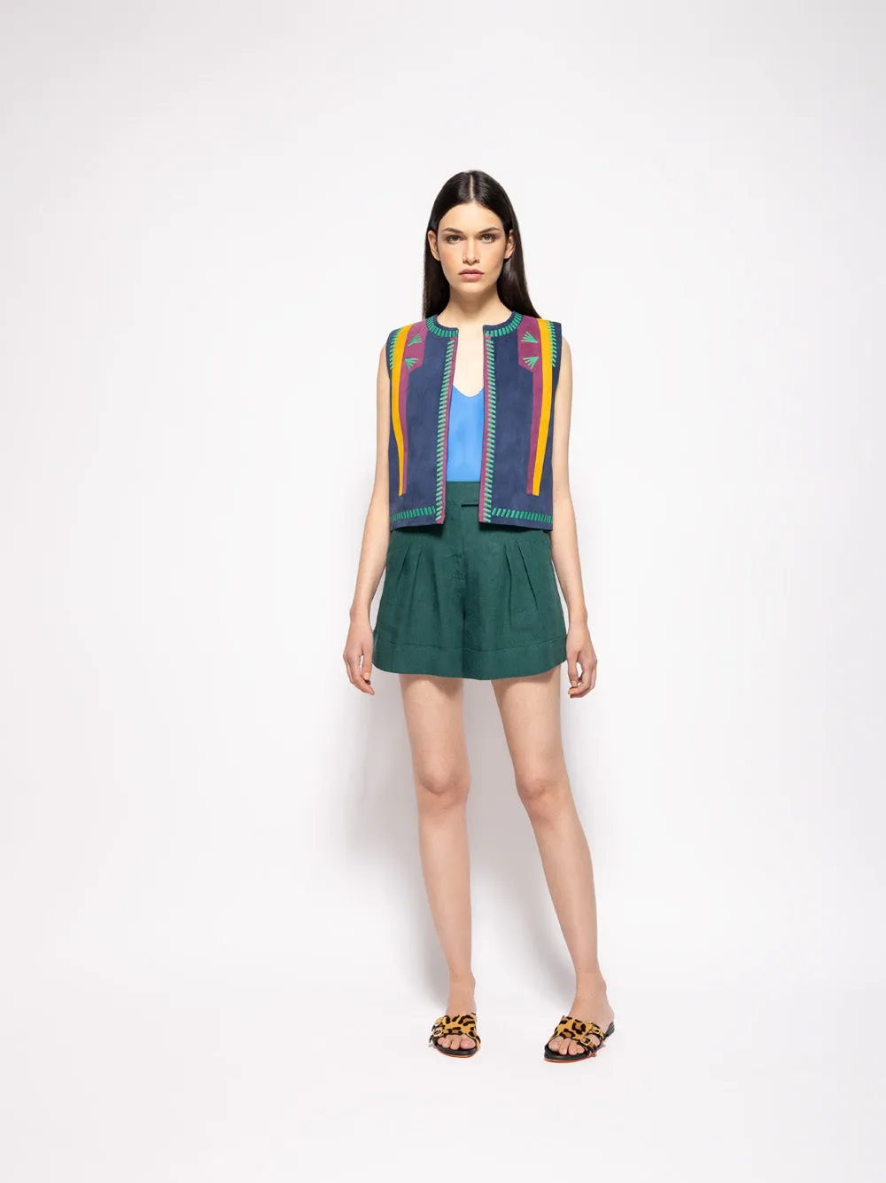 Pansy Estate Blue Embroidered Suede Vest