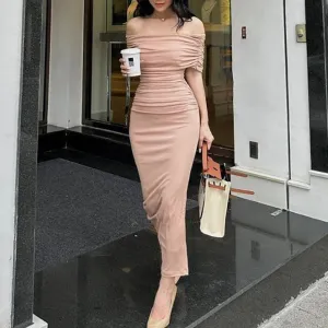 Pink Off-Shoulder Solid Midi Dress